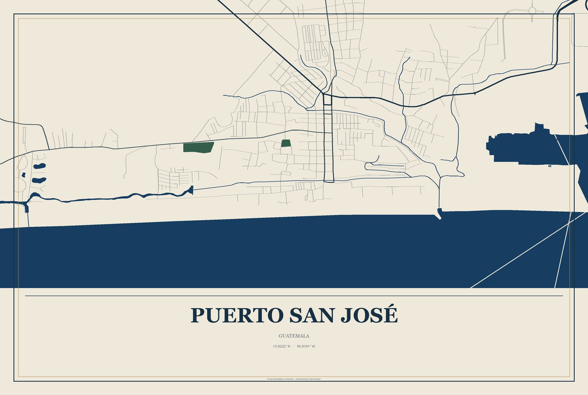 Puerto San José, Guatemala City Map Aluminum Sign in Coastal Cutout style