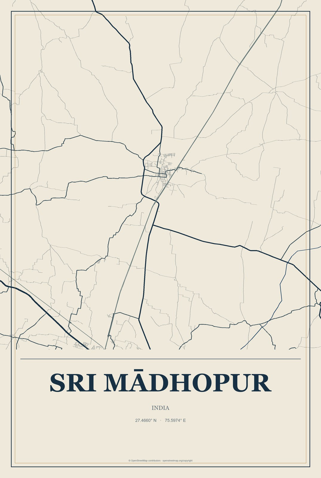 Sri Mādhopur, India City Map Aluminum Sign in Coastal Cutout style