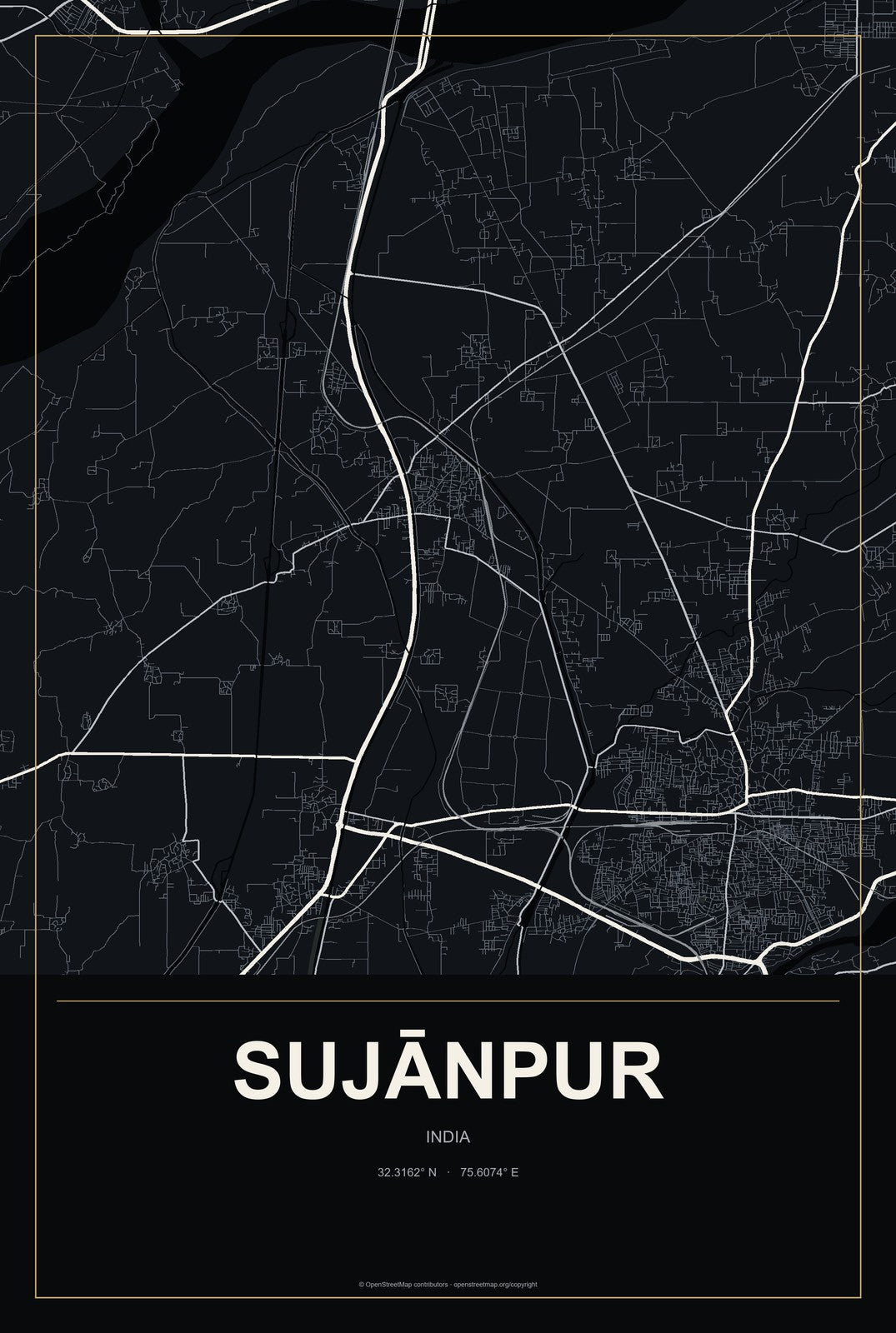 Sujānpur, India City Map Aluminum Sign in Metropolitan Noir style