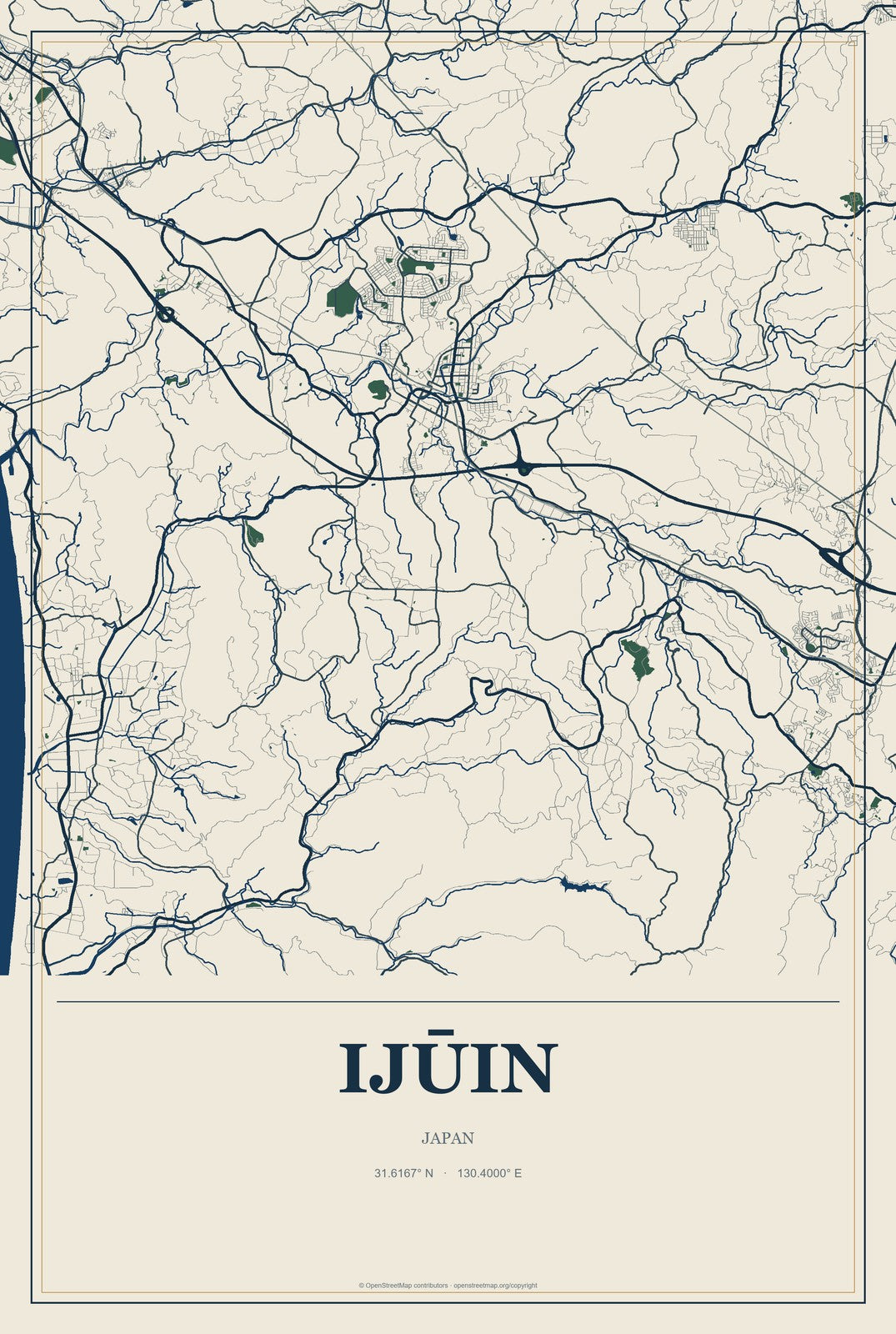 Ijūin, Japan City Map Aluminum Sign in Coastal Cutout style