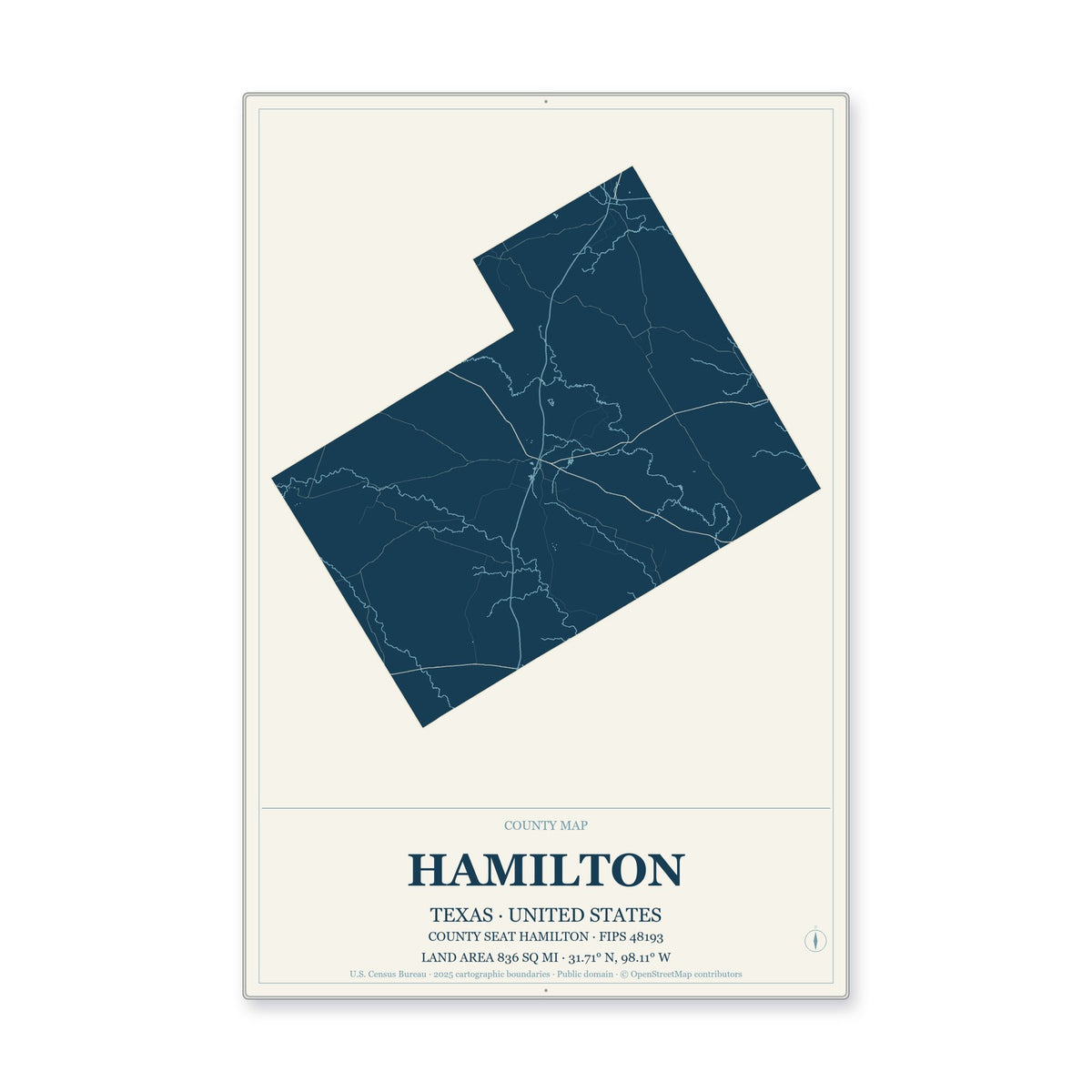 Hamilton County, Texas Map Aluminum Sign in Coastal Cutout style