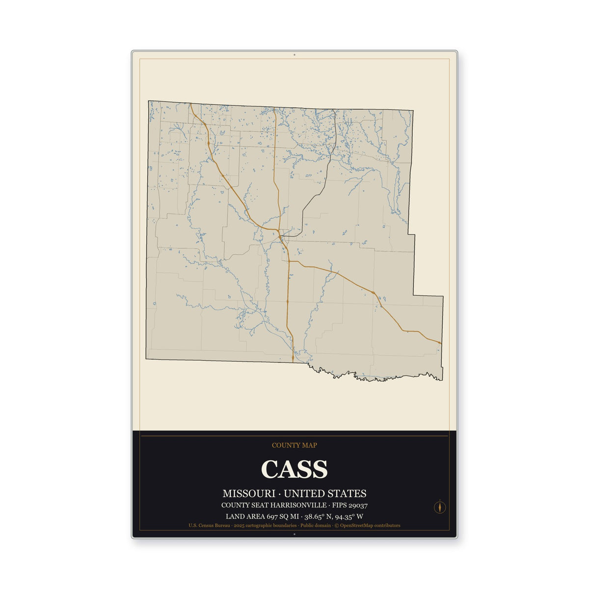 Cass County, Missouri Map Aluminum Sign in Museum Plaque style