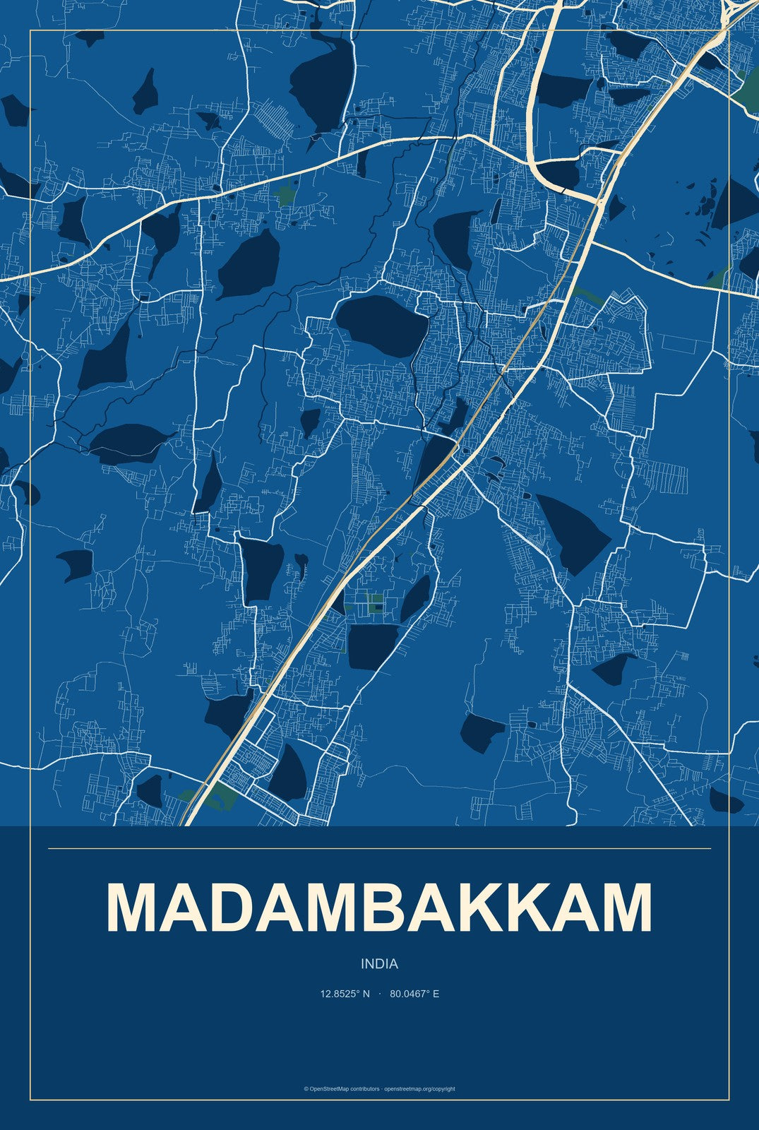 Madambakkam, India City Map Aluminum Sign in Harbor Cobalt style