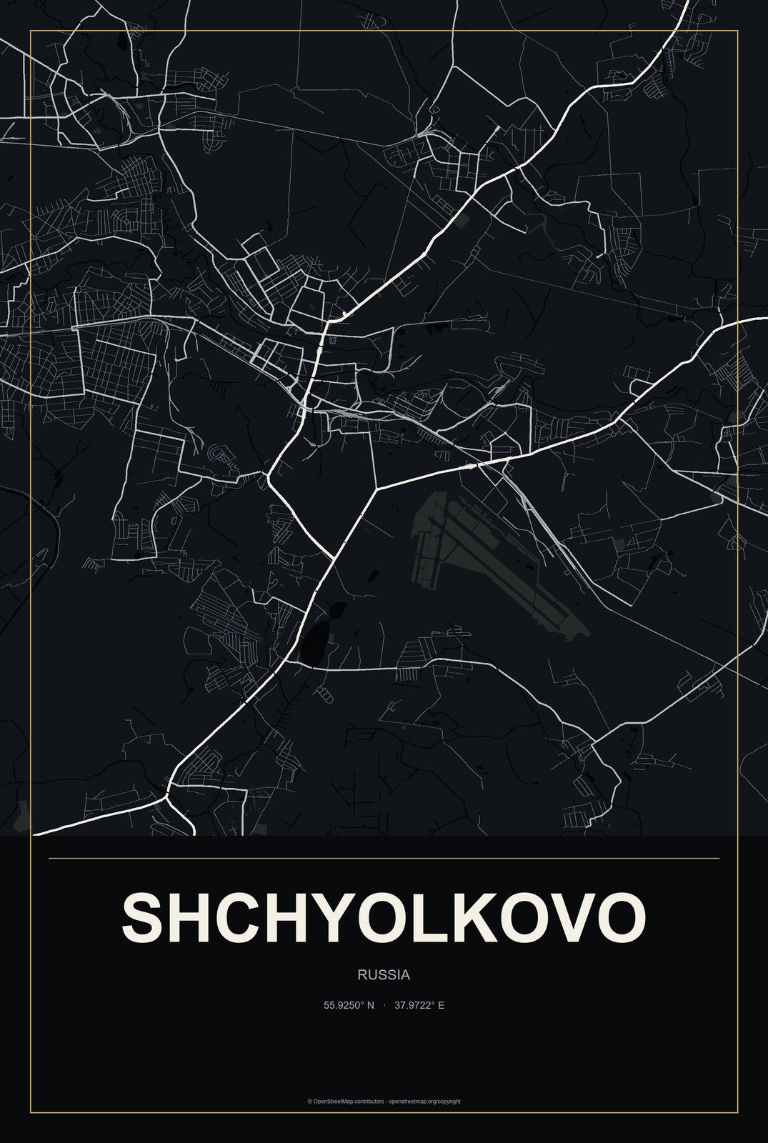 Shchyolkovo, Russia City Map Aluminum Sign in Metropolitan Noir style