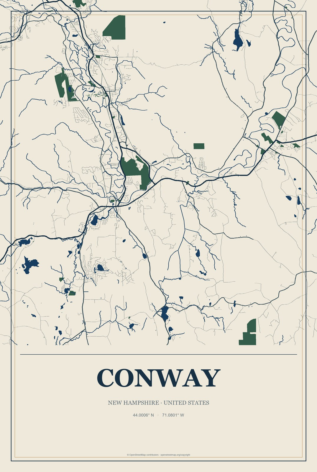 Conway, New Hampshire City Map Aluminum Sign in Coastal Cutout style