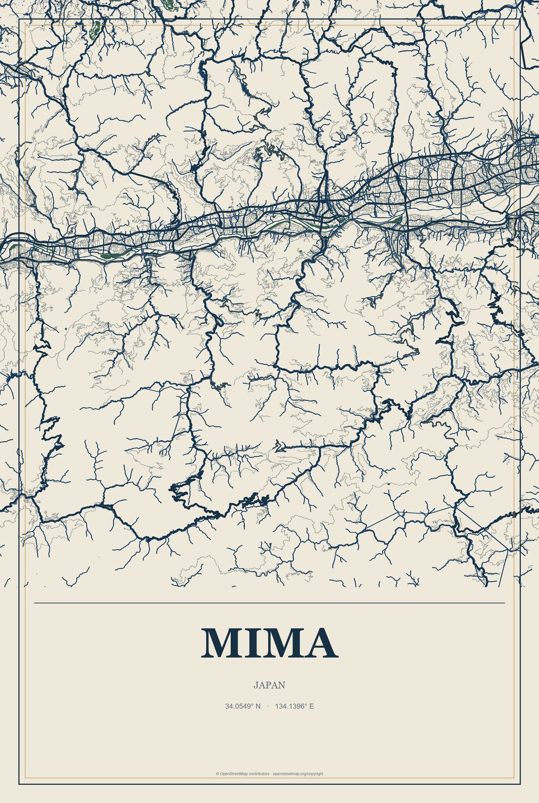 Mima, Japan City Map Aluminum Sign in Coastal Cutout style