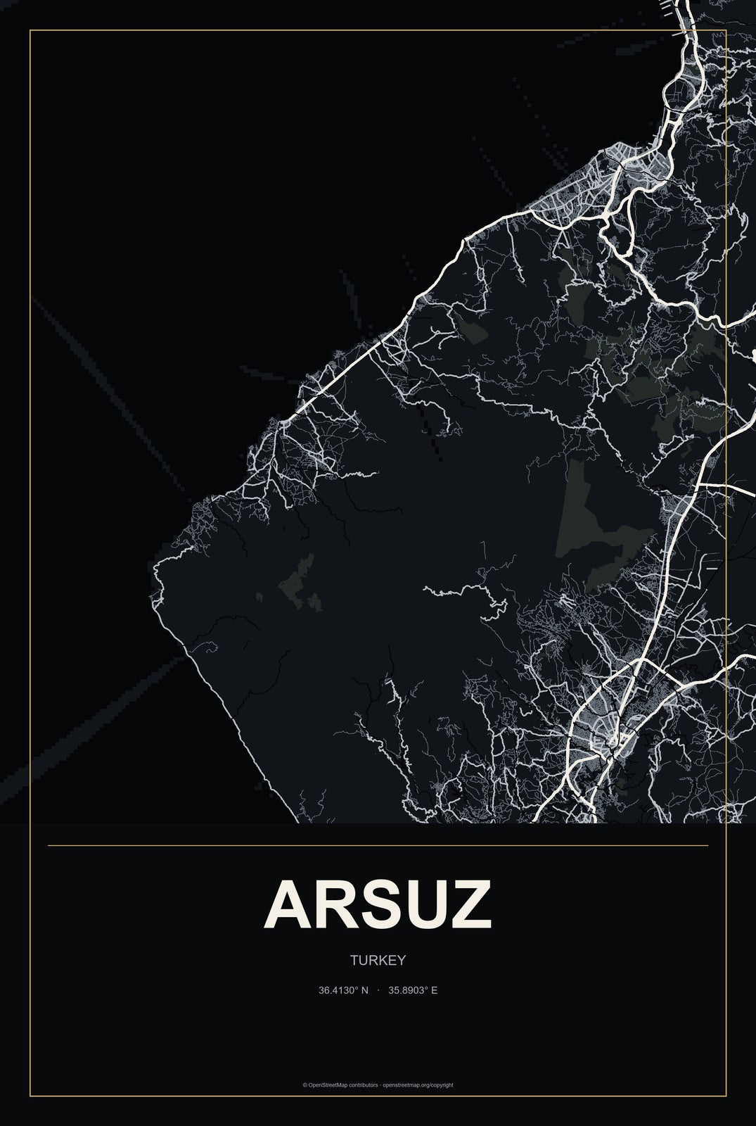 Arsuz, Turkey City Map Aluminum Sign in Metropolitan Noir style
