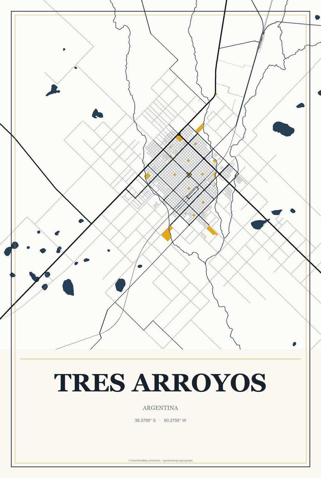 Tres Arroyos, Argentina City Map Aluminum Sign in Citrine Modern style