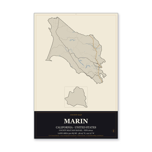 Marin County, California Map Aluminum Sign in Museum Plaque style