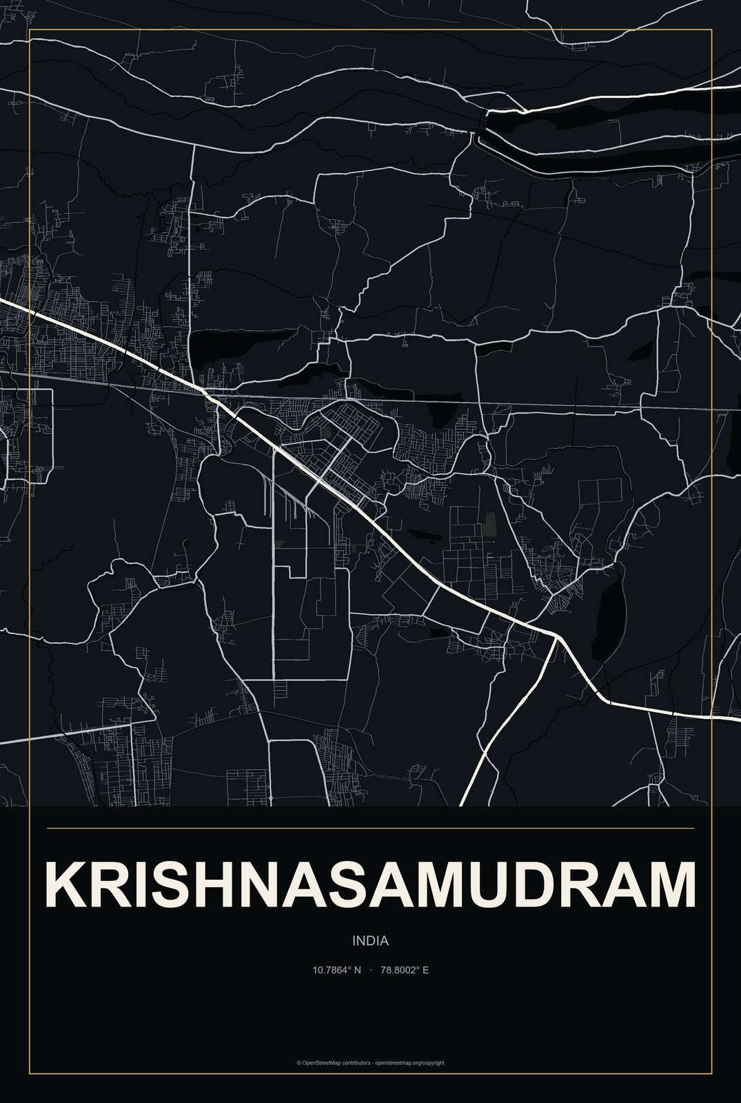 Krishnasamudram, India City Map Aluminum Sign in Metropolitan Noir style