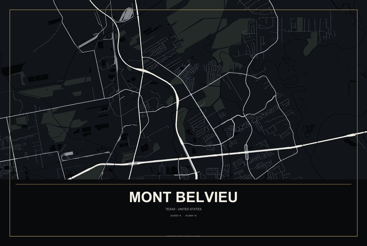 Mont Belvieu, Texas City Map Aluminum Sign in Metropolitan Noir style