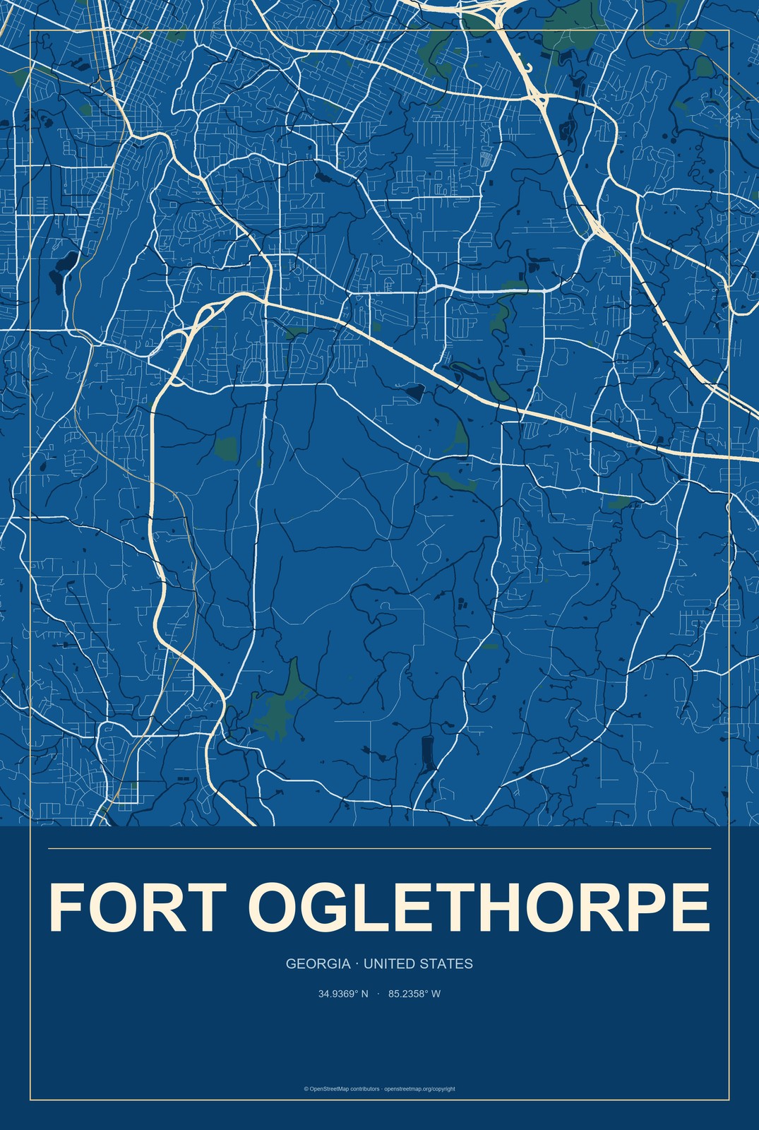 Fort Oglethorpe, Georgia City Map Aluminum Sign in Harbor Cobalt style