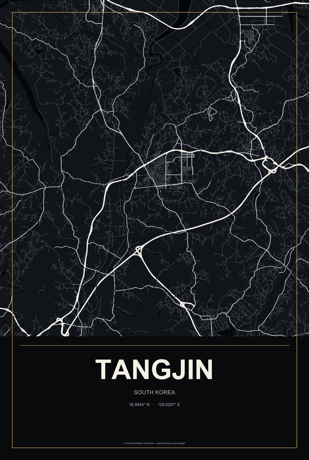 Tangjin, South Korea City Map Aluminum Sign in Metropolitan Noir style