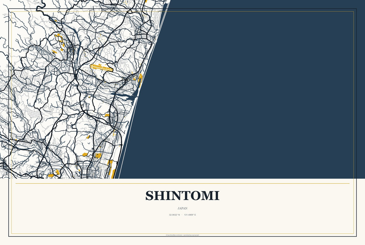 Shintomi, Japan City Map Aluminum Sign in Citrine Modern style