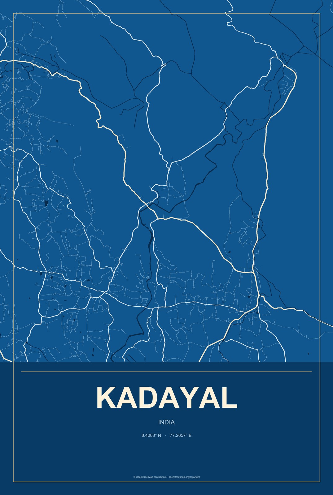 Kadayal, India City Map Aluminum Sign in Harbor Cobalt style