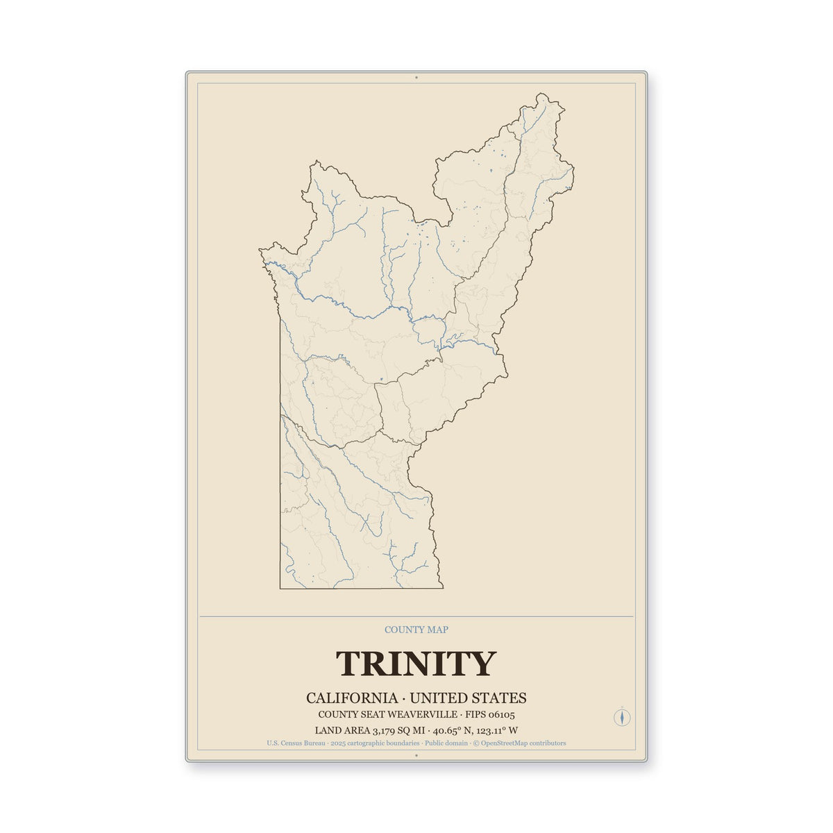 Trinity County, California Map Aluminum Sign in Heritage Nautical style
