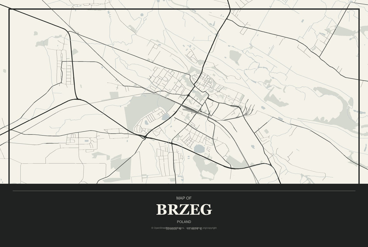 Brzeg, Poland City Map Aluminum Sign in Museum Plaque style