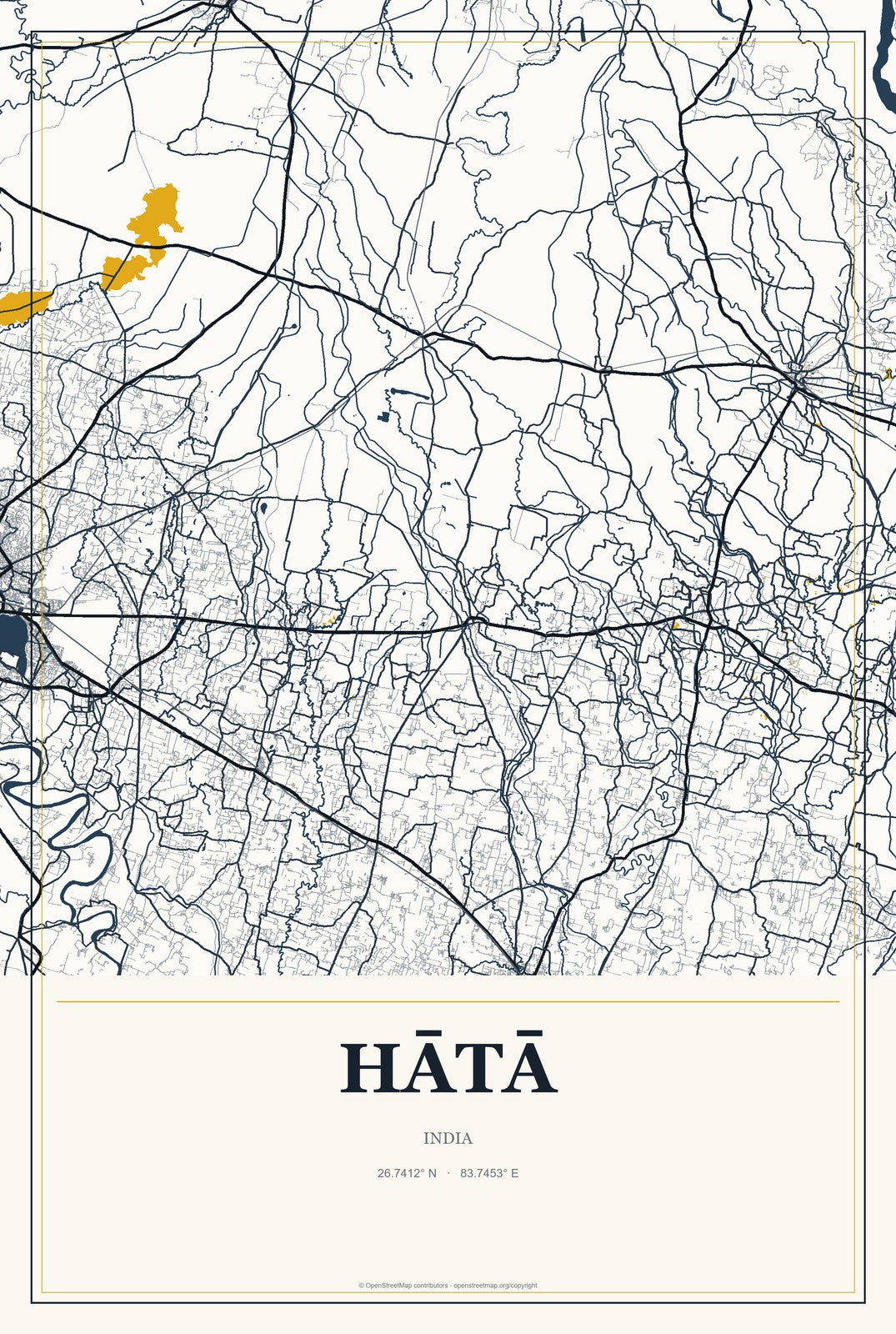 Hātā, India City Map Aluminum Sign in Citrine Modern style