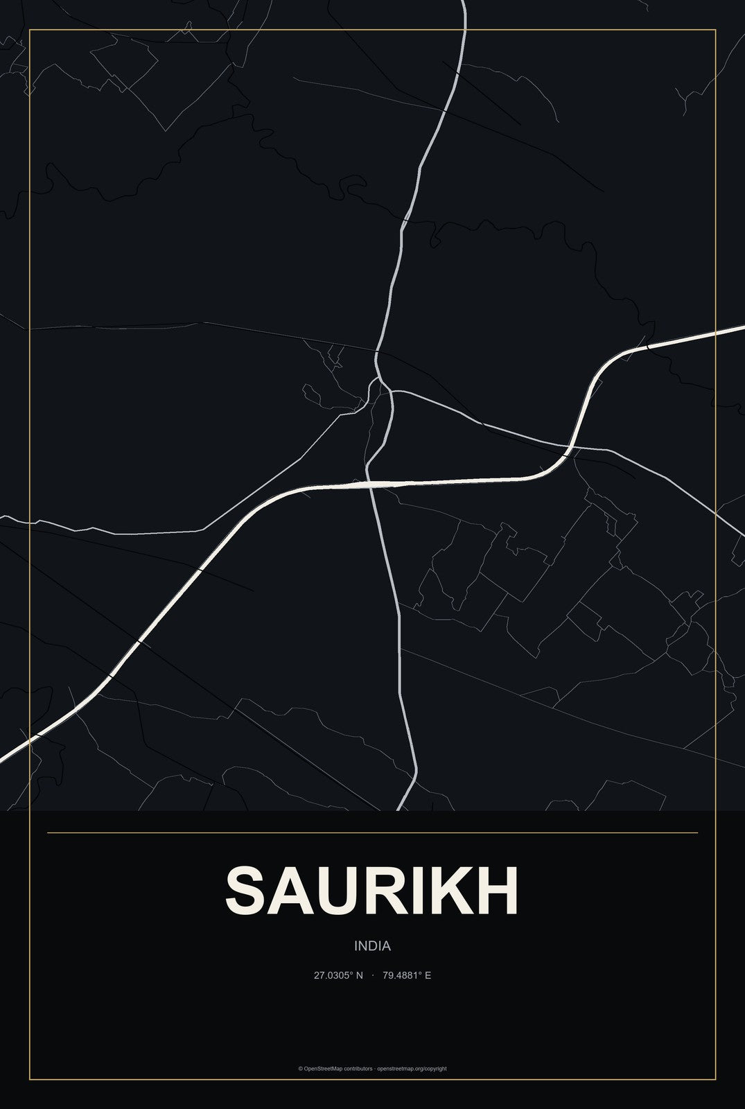 Saurikh, India City Map Aluminum Sign in Metropolitan Noir style