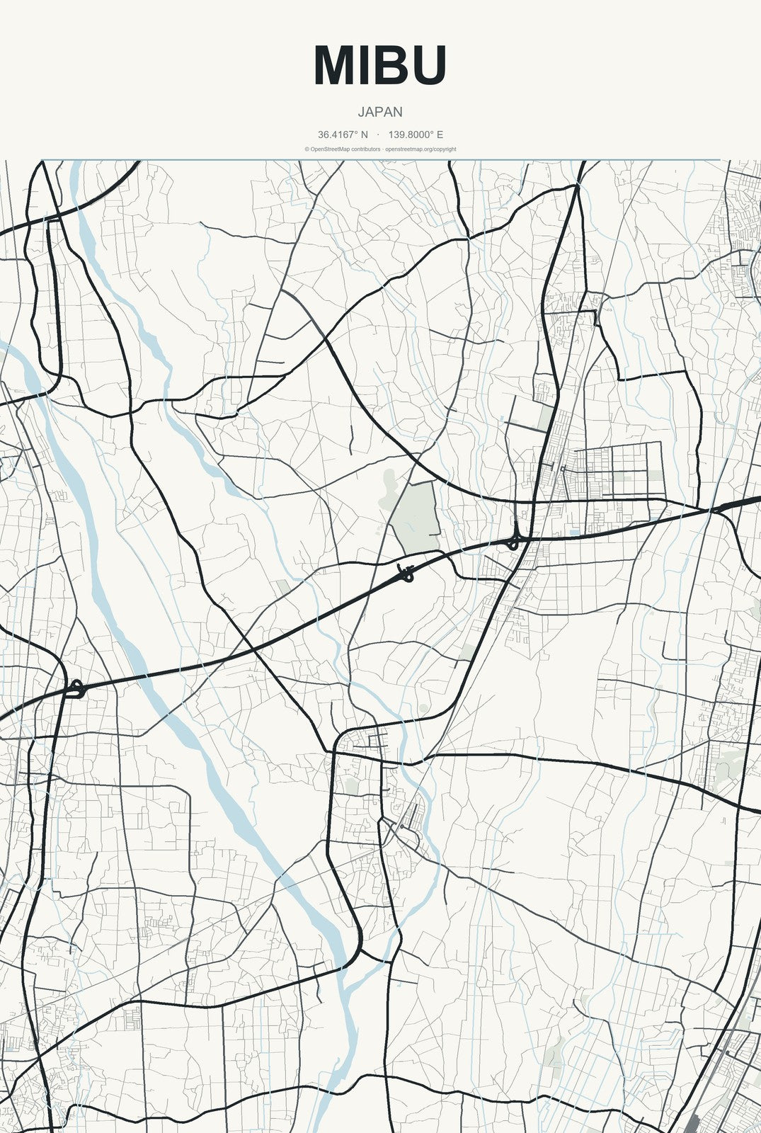 Mibu, Japan City Map Aluminum Sign in Headline Atlas style