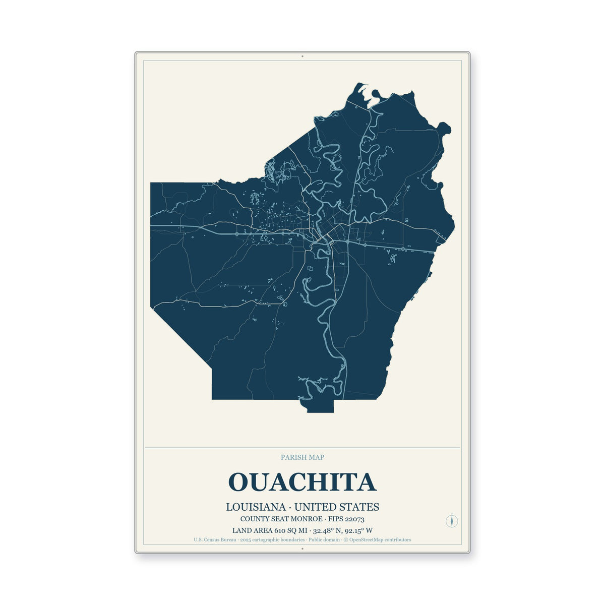 Ouachita Parish, Louisiana Map Aluminum Sign in Coastal Cutout style