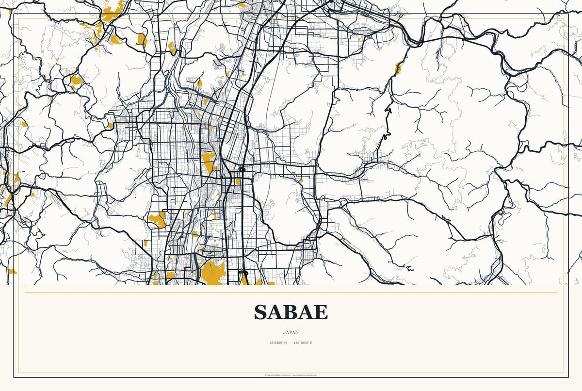 Sabae, Japan City Map Aluminum Sign in Citrine Modern style
