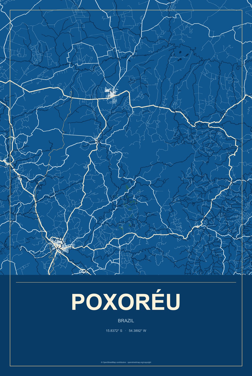 Poxoréu, Brazil City Map Aluminum Sign in Harbor Cobalt style