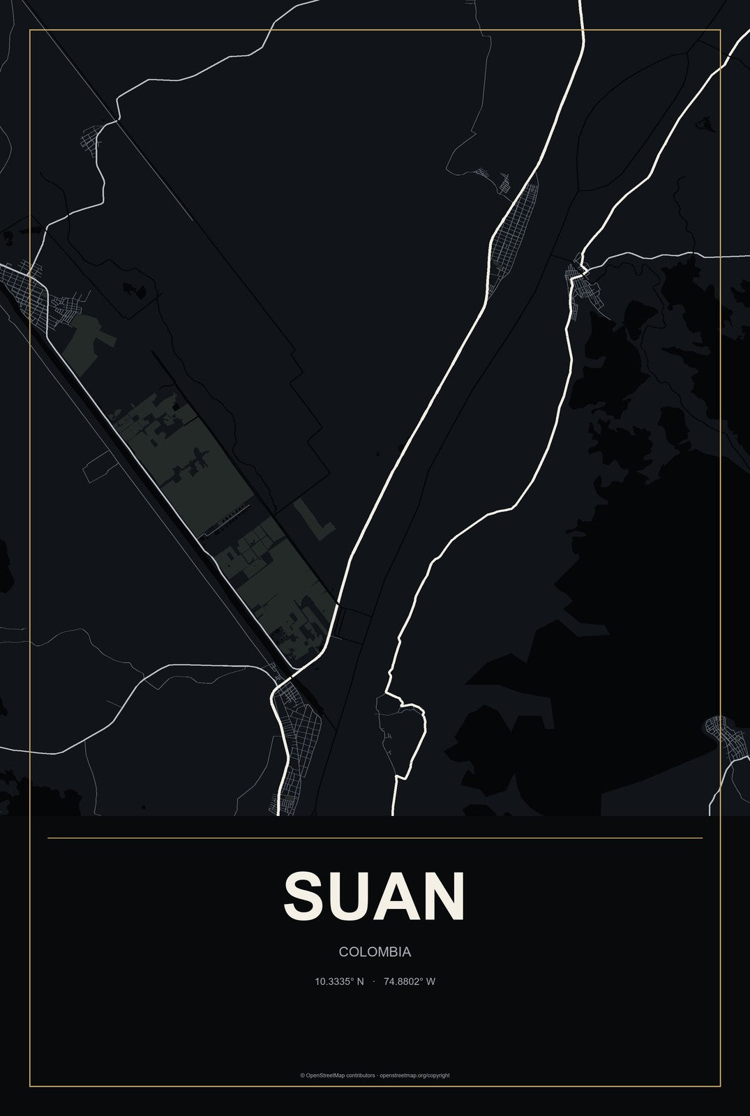 Suan, Colombia City Map Aluminum Sign in Metropolitan Noir style