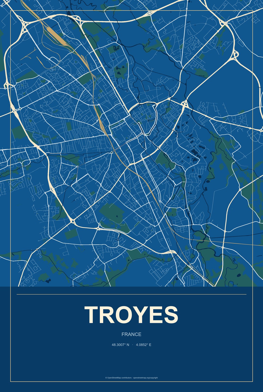 Troyes, France City Map Aluminum Sign in Harbor Cobalt style