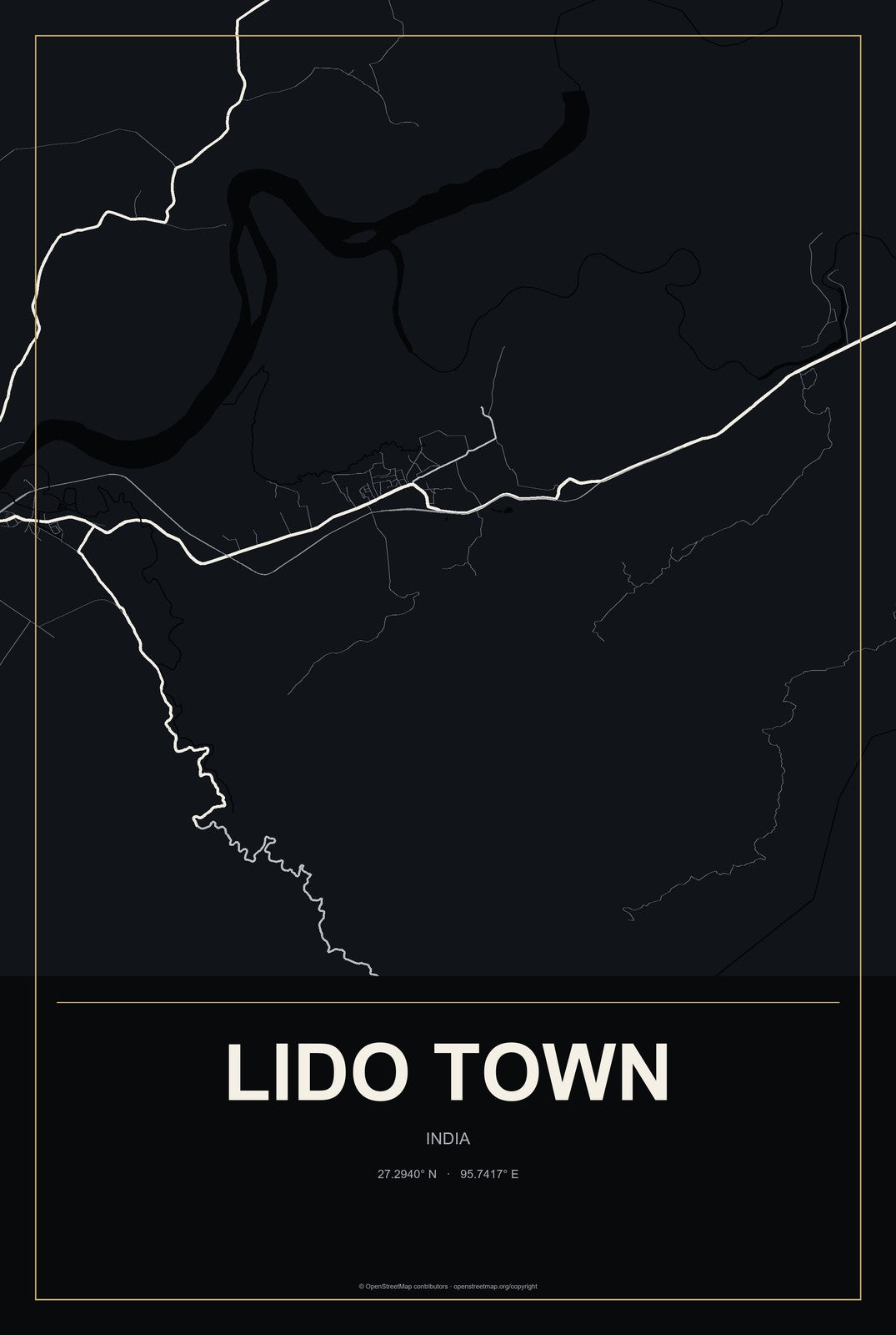 Lido Town, India City Map Aluminum Sign in Metropolitan Noir style