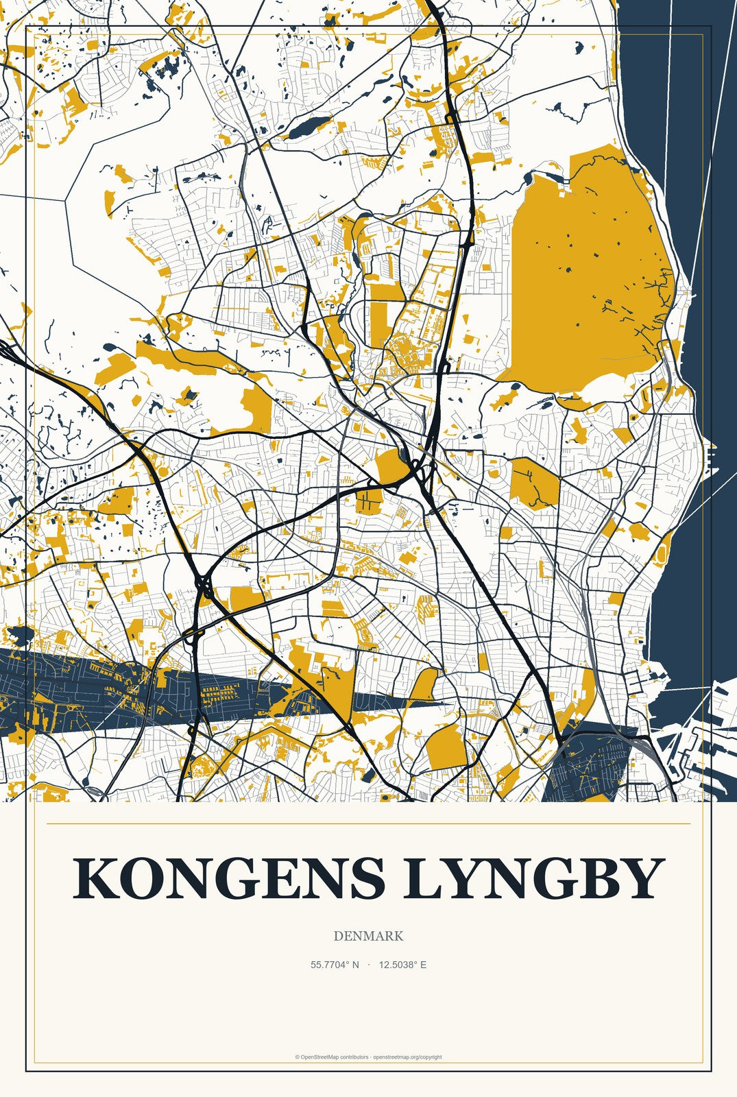 Kongens Lyngby, Denmark City Map Aluminum Sign in Citrine Modern style