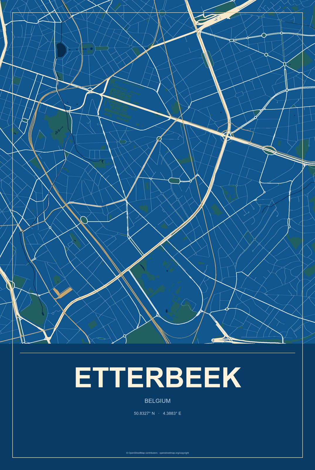 Etterbeek, Belgium City Map Aluminum Sign in Harbor Cobalt style