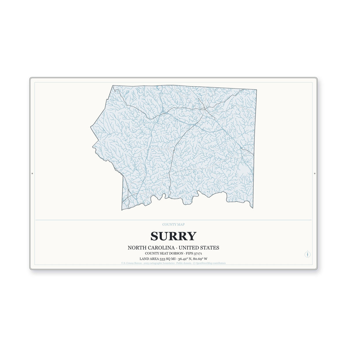 Surry County, North Carolina Map Aluminum Sign in Gallery Air style