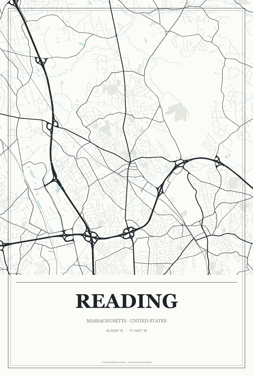 Reading, Massachusetts City Map Aluminum Sign in Gallery Air style