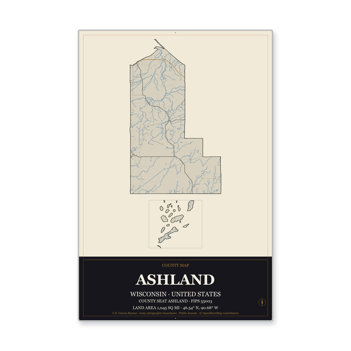 Ashland County, Wisconsin Map Aluminum Sign in Museum Plaque style