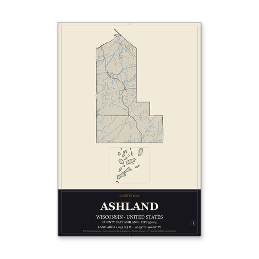 Ashland County, Wisconsin Map Aluminum Sign in Museum Plaque style