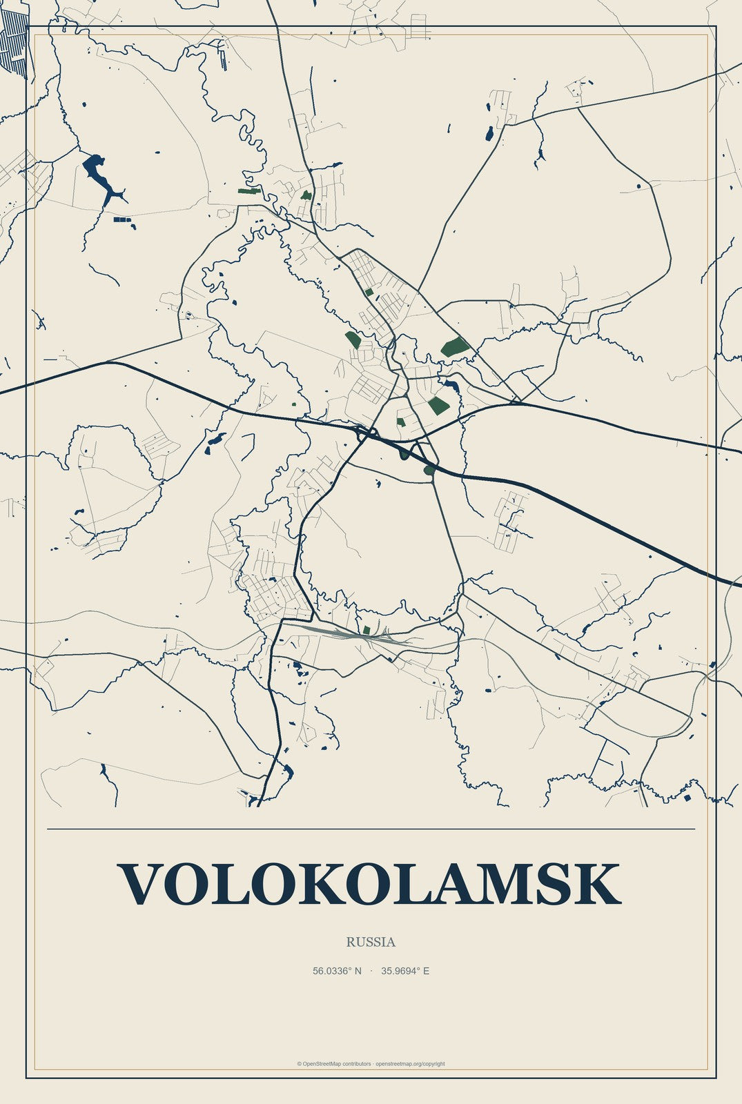 Volokolamsk, Russia City Map Aluminum Sign in Coastal Cutout style