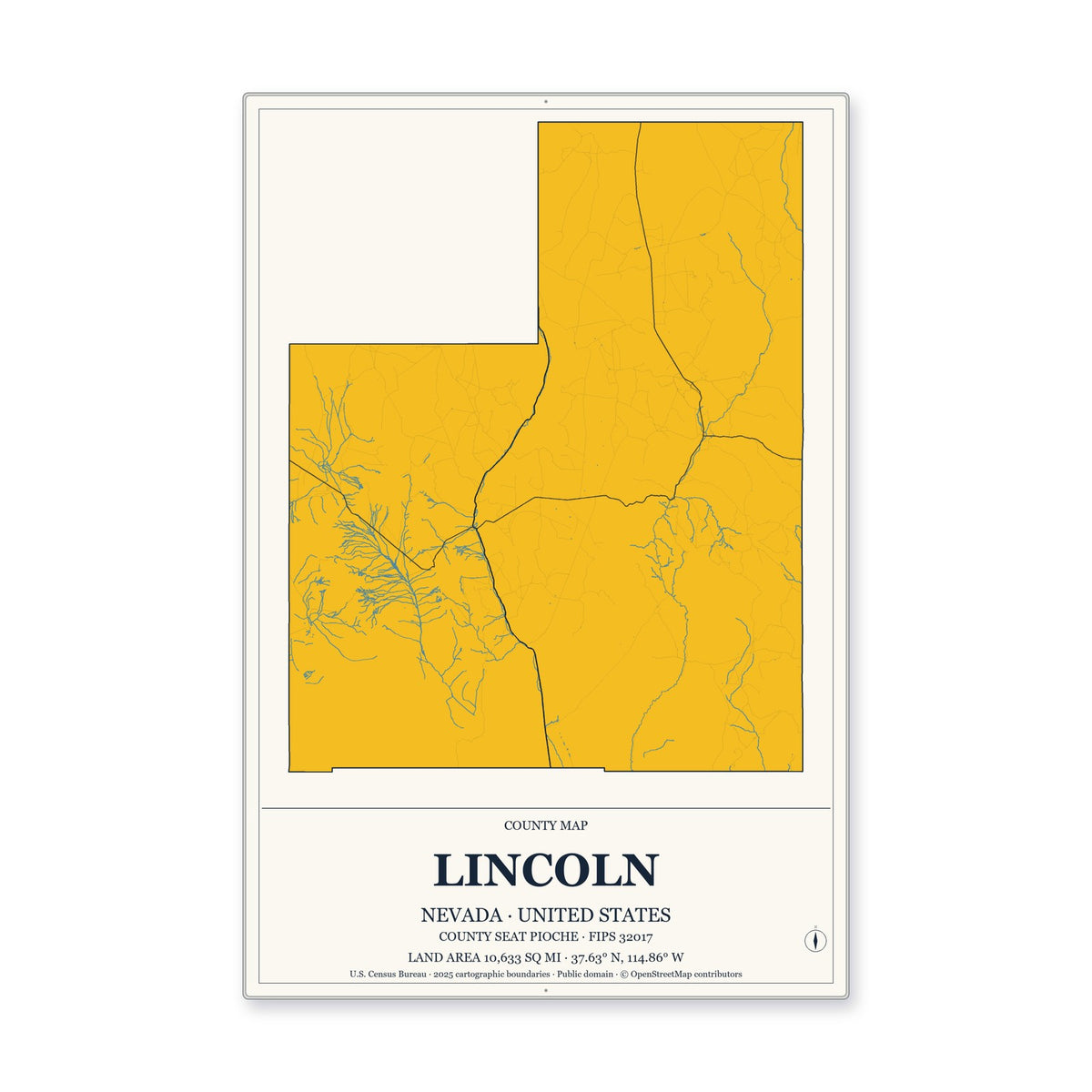 Lincoln County, Nevada Map Aluminum Sign in Citrine Modern style