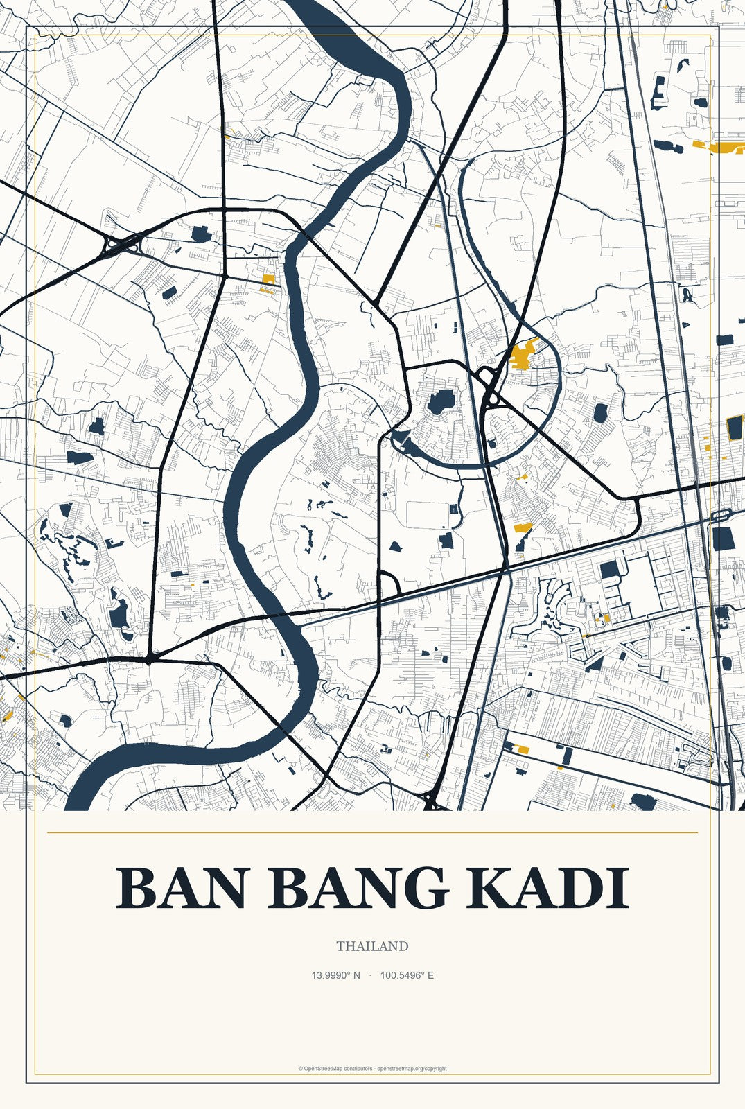 Ban Bang Kadi, Thailand City Map Aluminum Sign in Citrine Modern style
