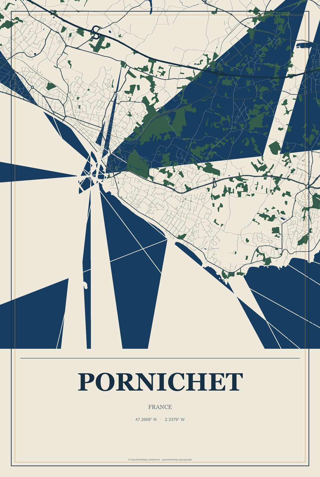 Pornichet, France City Map Aluminum Sign in Coastal Cutout style