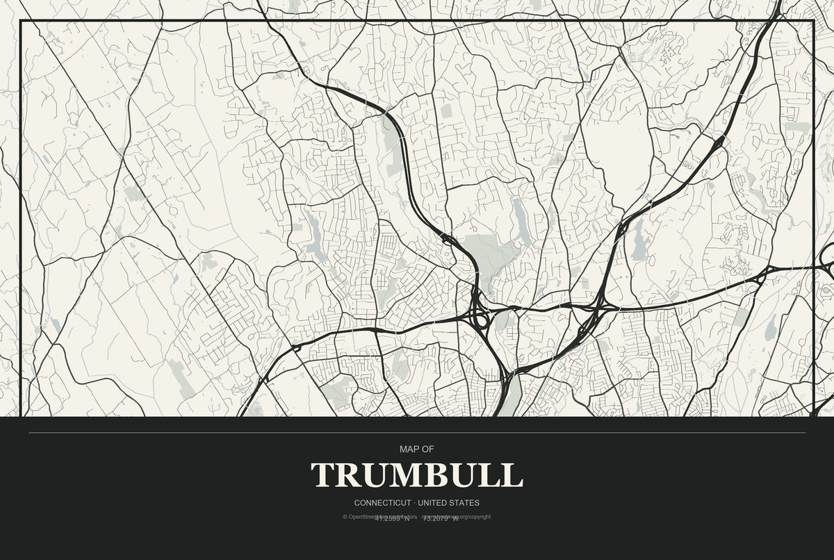 Trumbull, Connecticut City Map Aluminum Sign in Museum Plaque style