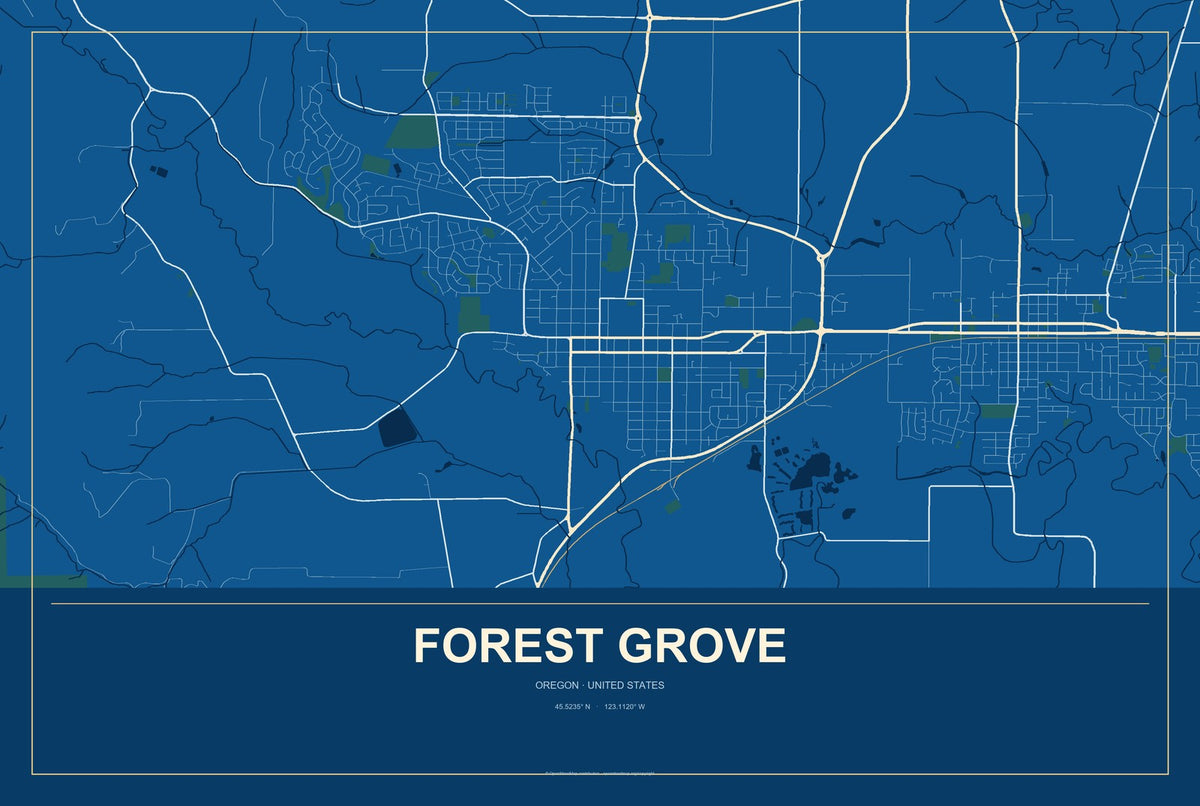 Forest Grove, Oregon City Map Aluminum Sign in Harbor Cobalt style