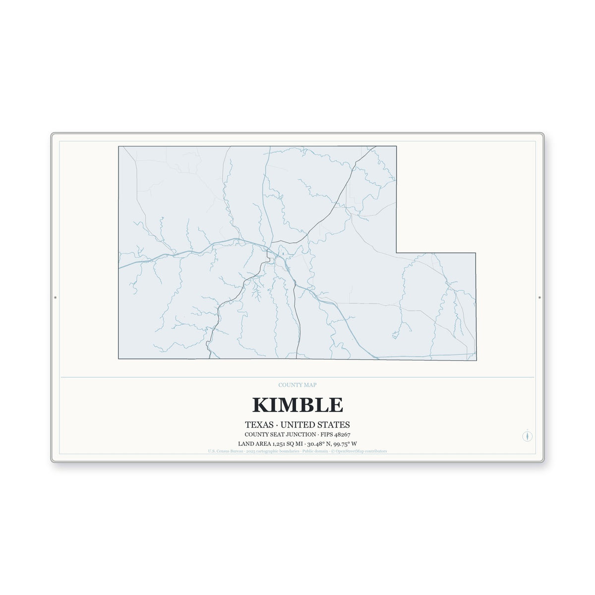 Kimble County, Texas Map Aluminum Sign in Gallery Air style