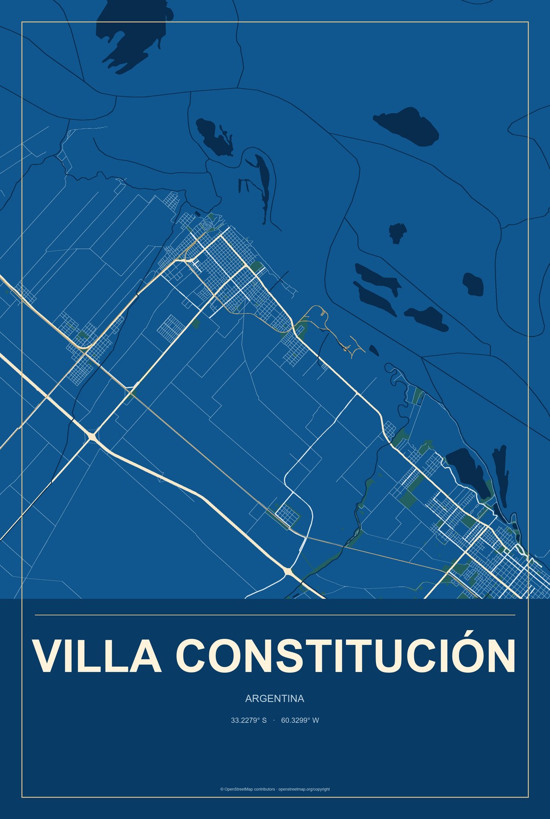 Villa Constitución, Argentina City Map Aluminum Sign in Harbor Cobalt style