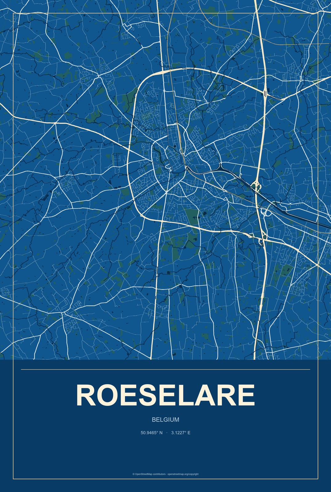Roeselare, Belgium City Map Aluminum Sign in Harbor Cobalt style