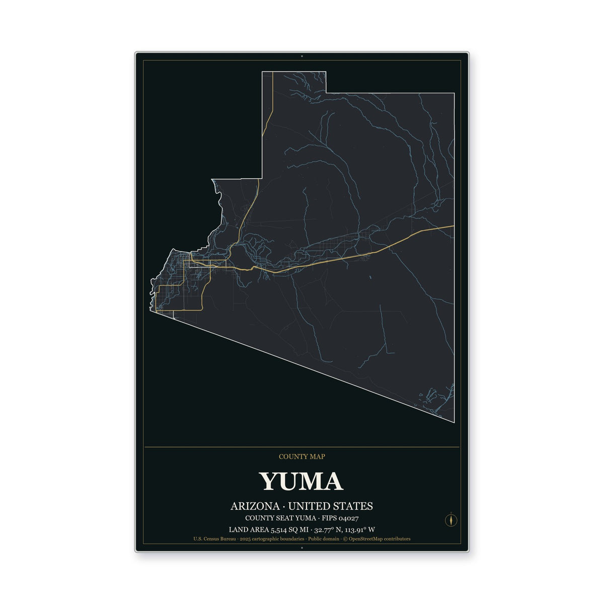 Yuma County, Arizona Map Aluminum Sign in Metropolitan Noir style