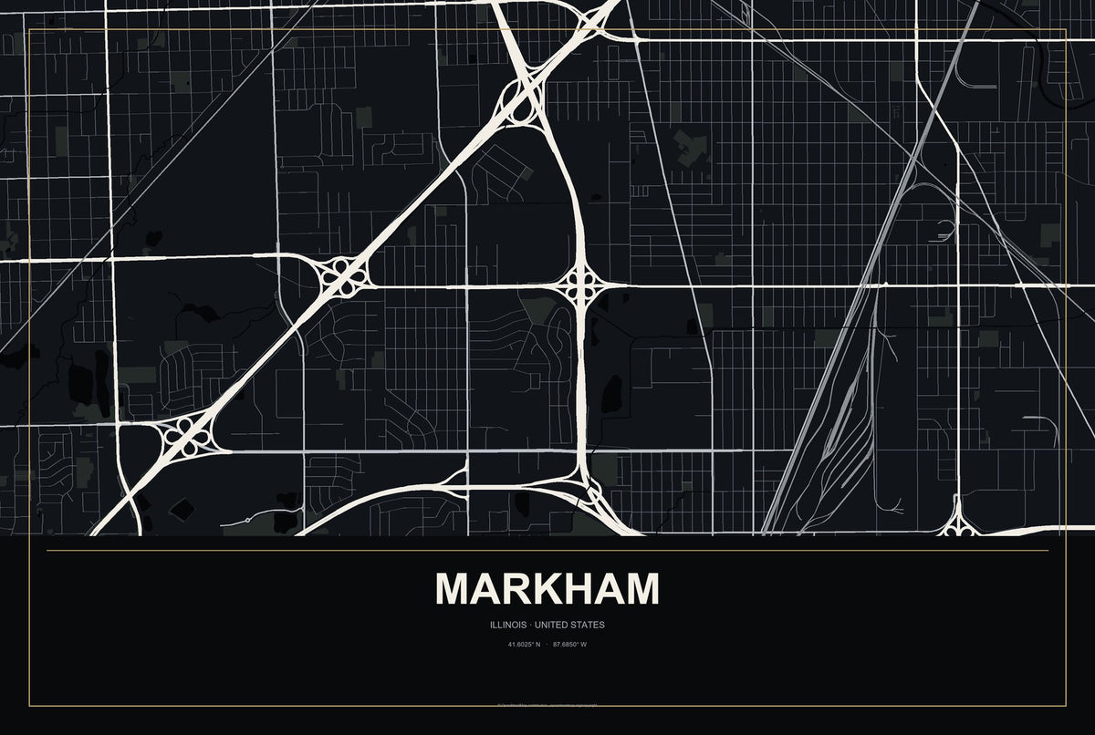 Markham, Illinois City Map Aluminum Sign in Metropolitan Noir style