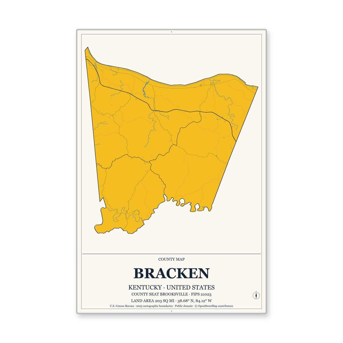 Bracken County, Kentucky Map Aluminum Sign in Citrine Modern style