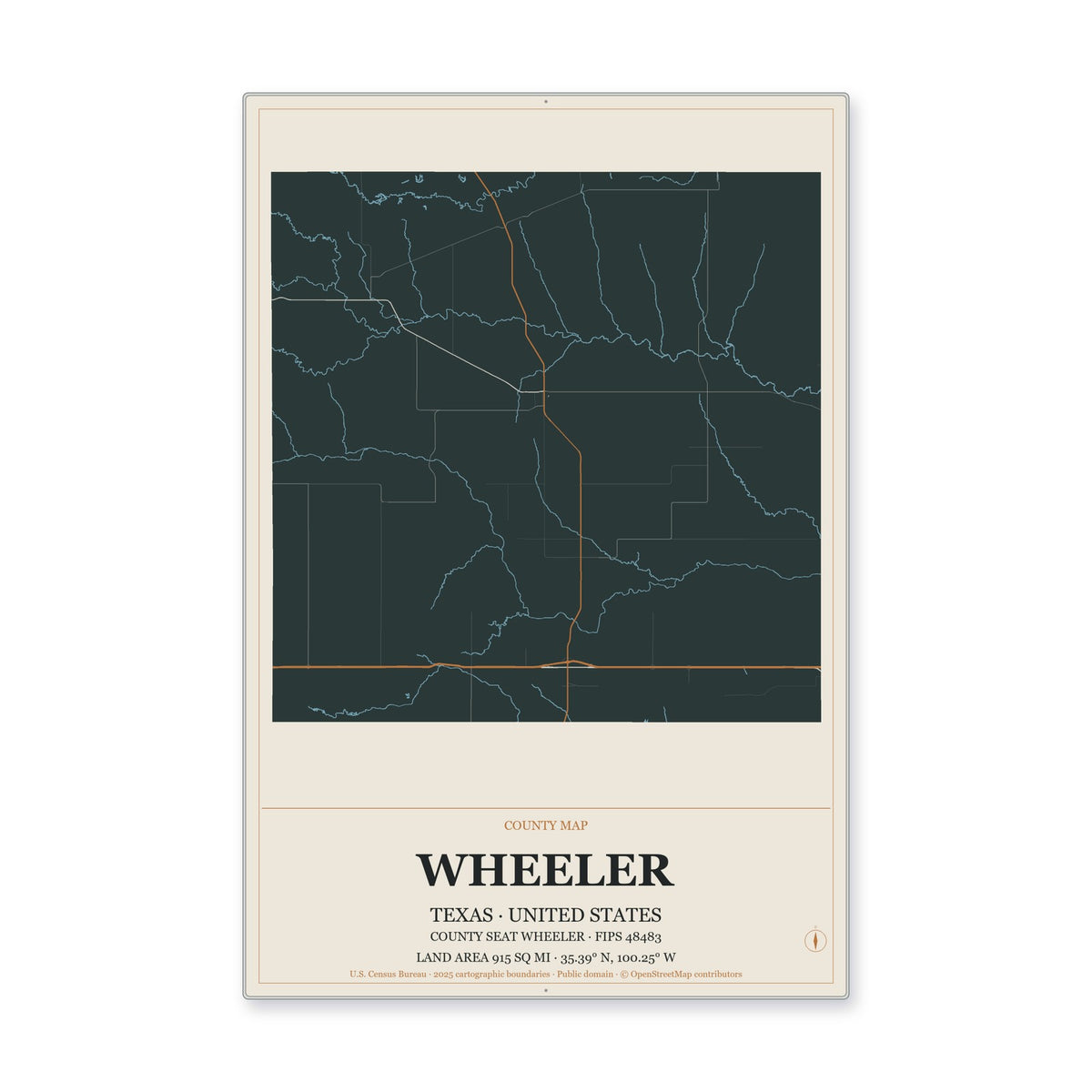 Wheeler County, Texas Map Aluminum Sign in Headline Atlas style