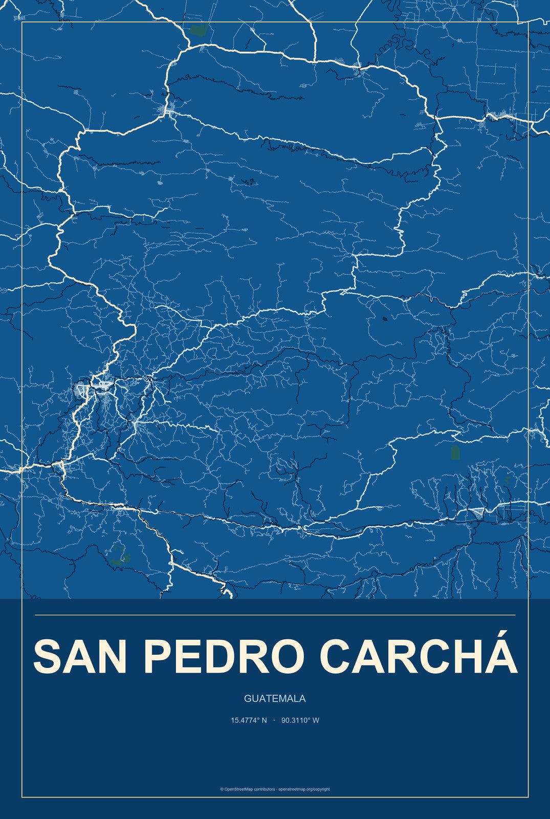 San Pedro Carchá, Guatemala City Map Aluminum Sign in Harbor Cobalt style
